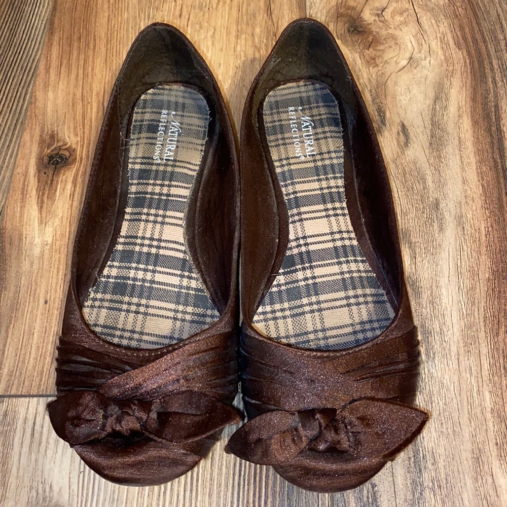 Brown satin bow tie flats